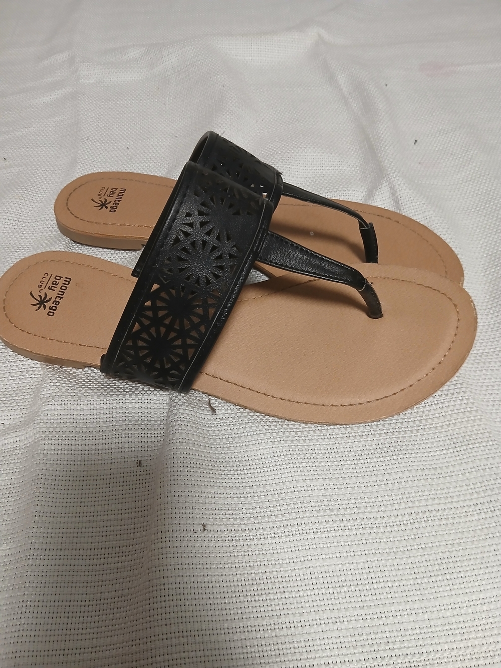 Montego Bay Club Black Laser-Cut Thong Sandals with Tan Footbed - Picture 3 of 3